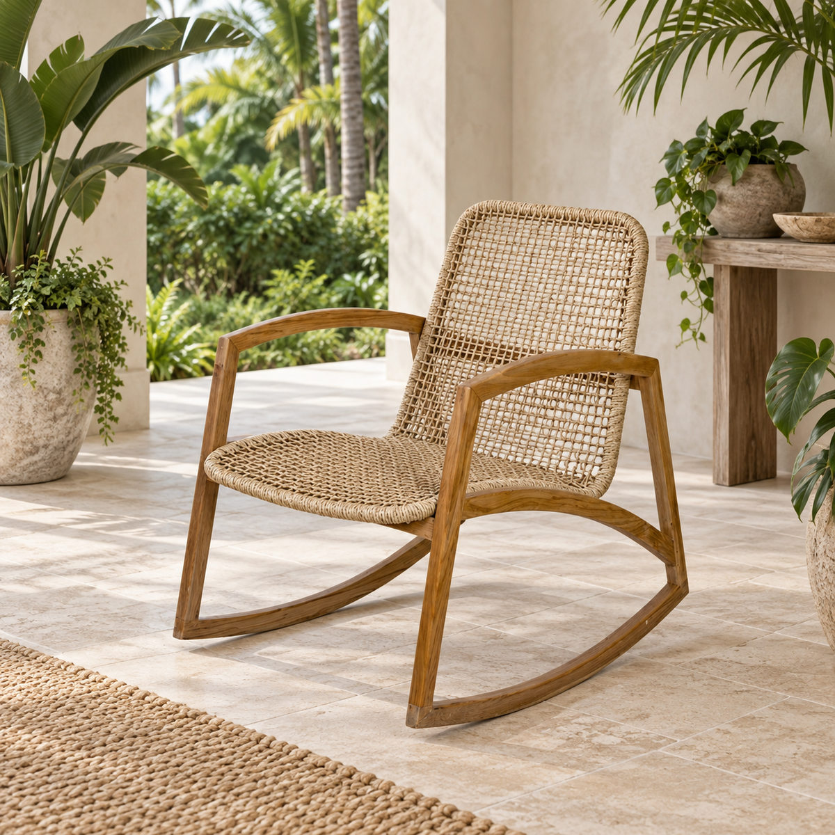 Serena Woven Rocking Chair on a covered tropical patio