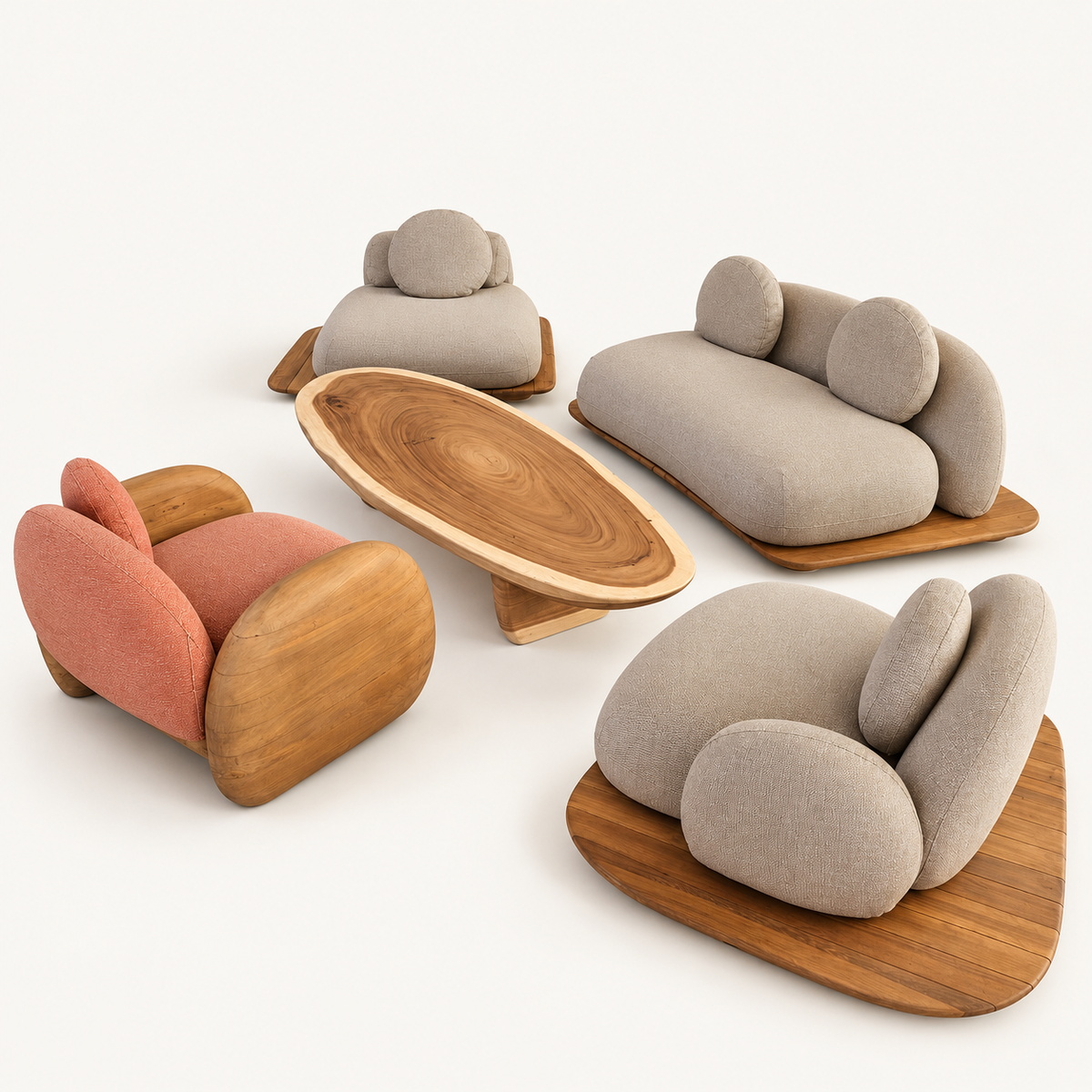 Seychelles teak lounge set from above with three chairs, loveseat and oval suar table