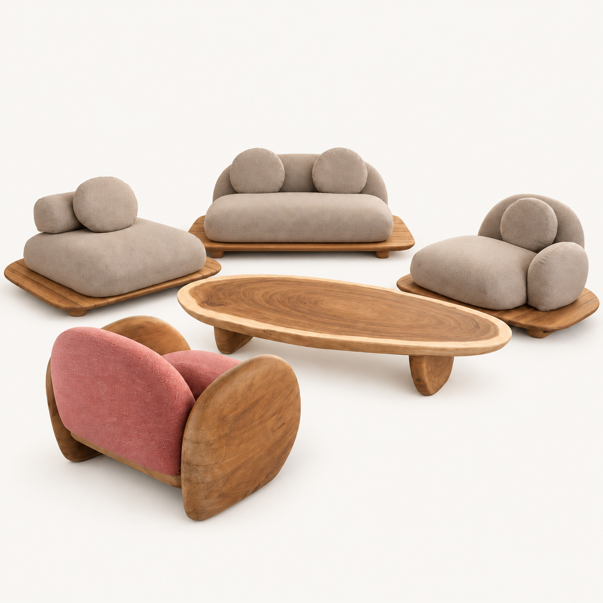 Seychelles five-piece teak lounge set with three chairs, a loveseat and natural suar table