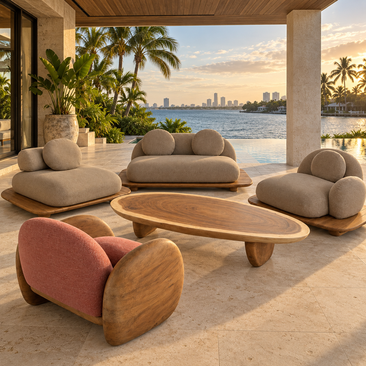Seychelles teak lounge set on a covered Miami waterfront terrace