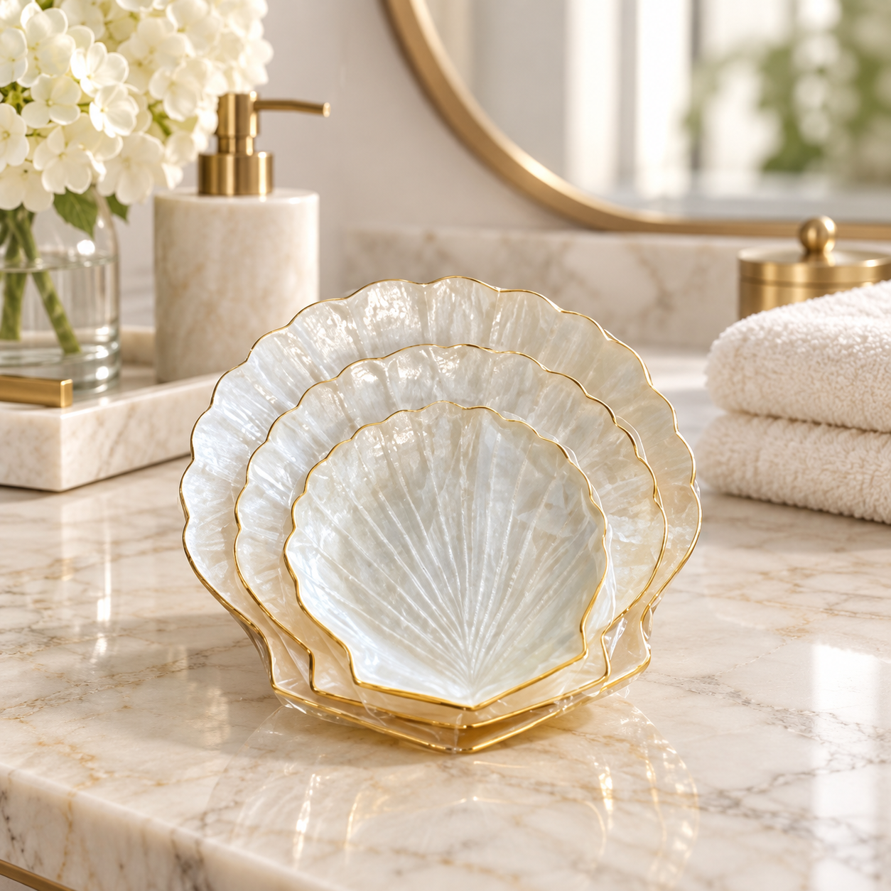 Pearl White Scallop shell bowl trio in a luxury Miami bathroom