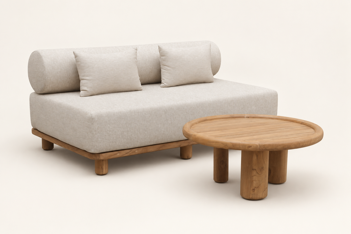 Shiraz two-seat sofa and round coffee table on a clean background