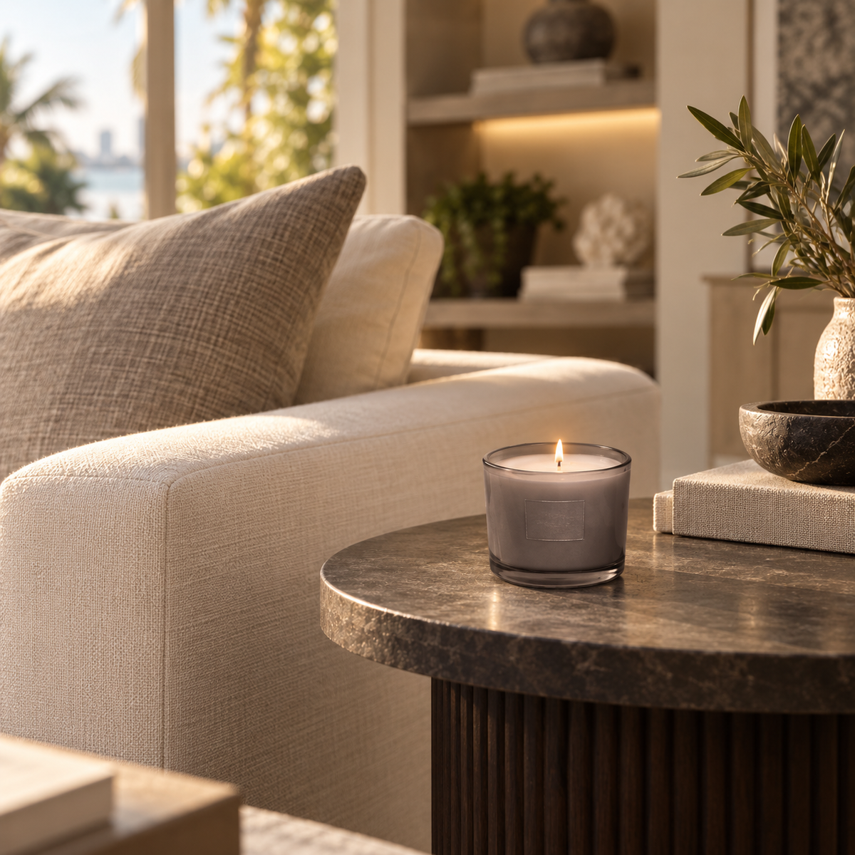 Smoked Grey Cylinder Candle in a refined living room