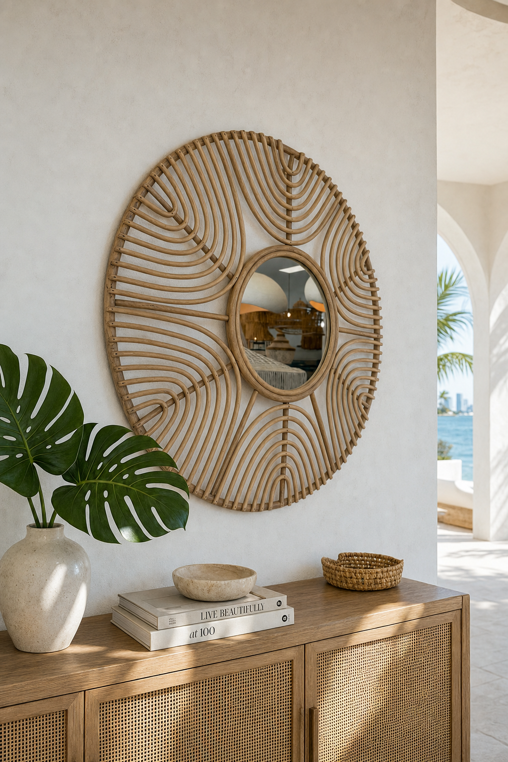 Sol Rattan Sun Mirror, styled in a warm neutral interior