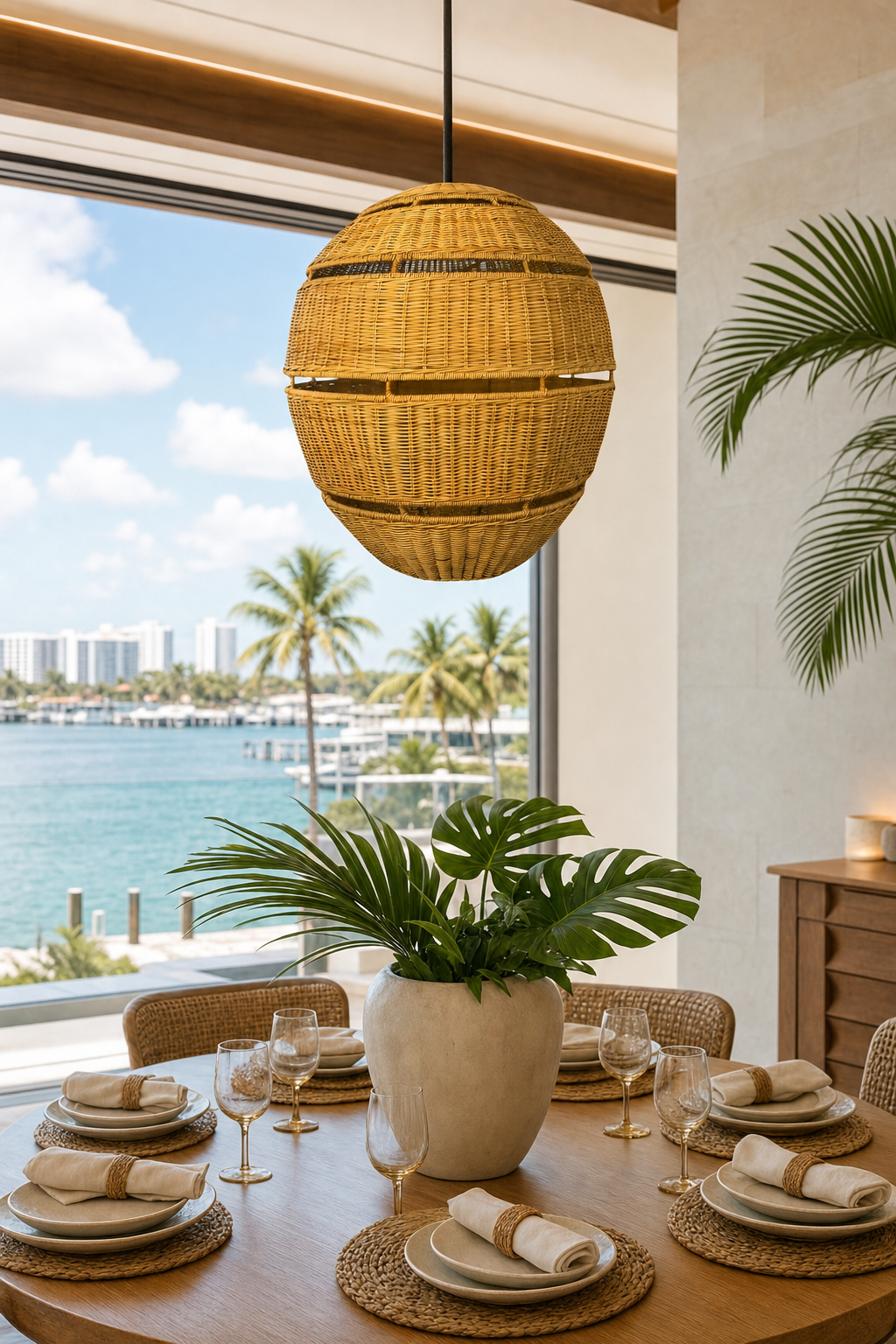 Solana Rattan Globe Light Shades styled in an interior
