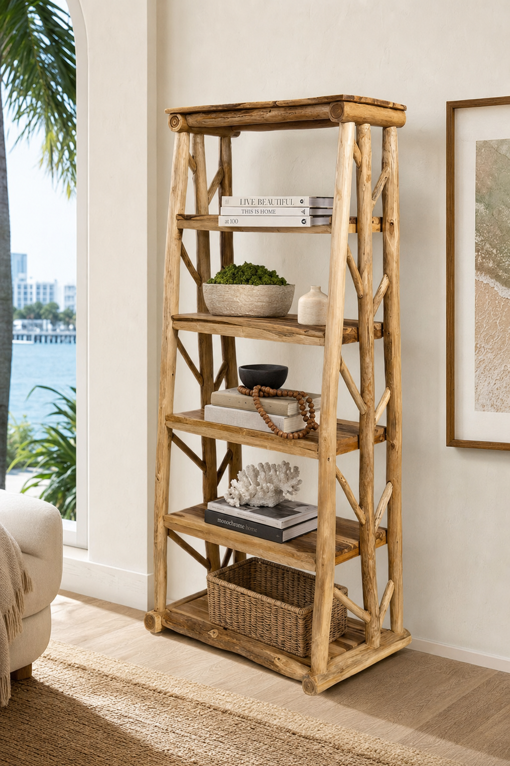 Solana Teak Bookshelf styled in an interior