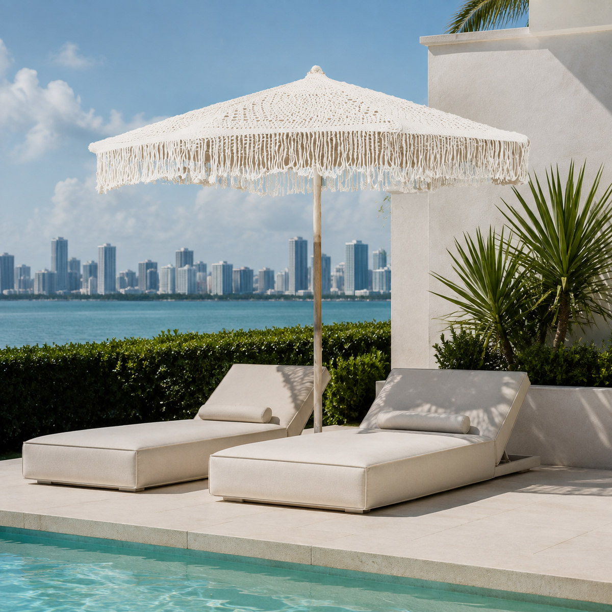 Soleil Macramé Umbrella White Cloud beside a luxury Miami pool