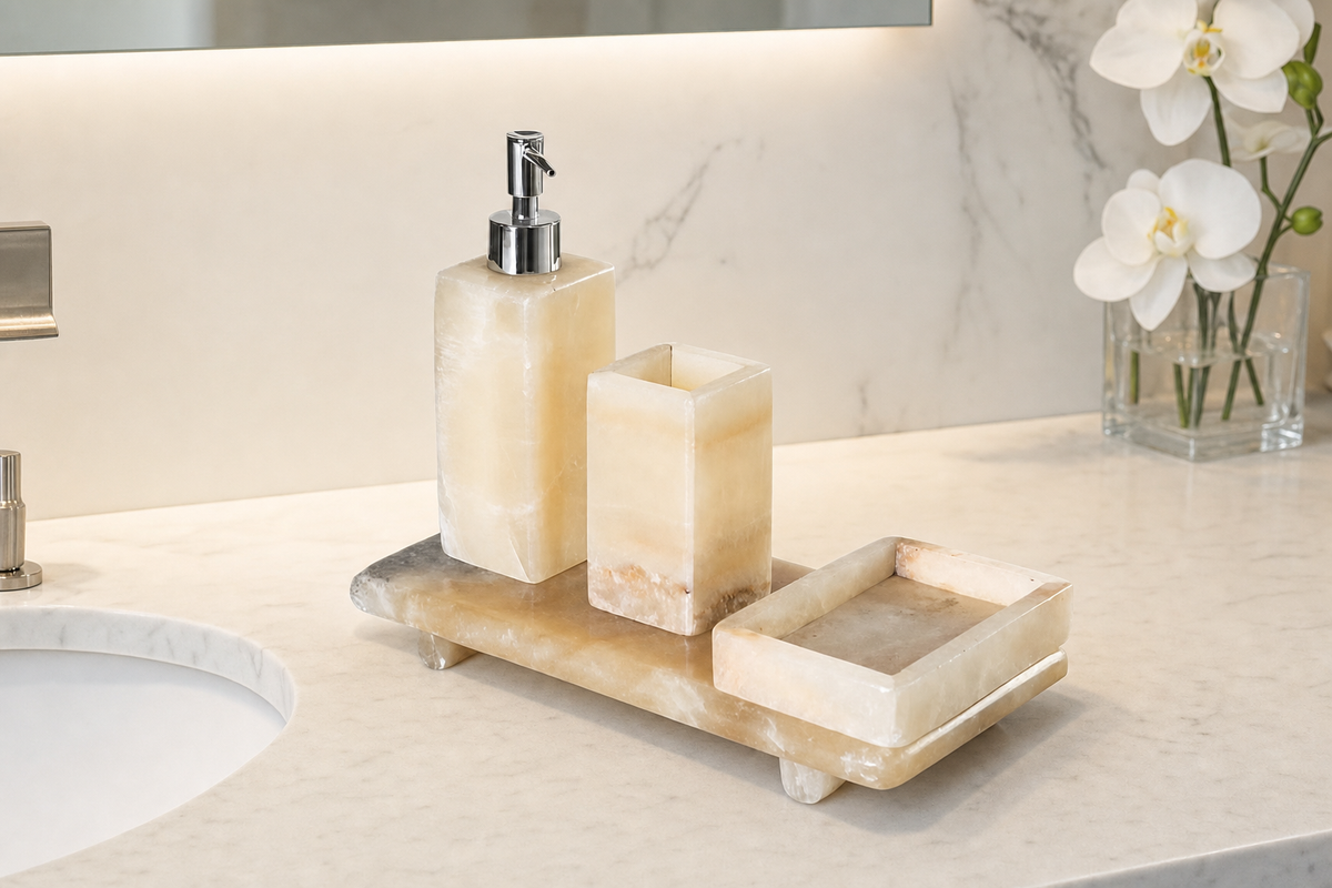 Square Natural Onyx Bathroom Accessories Set styled in an interior