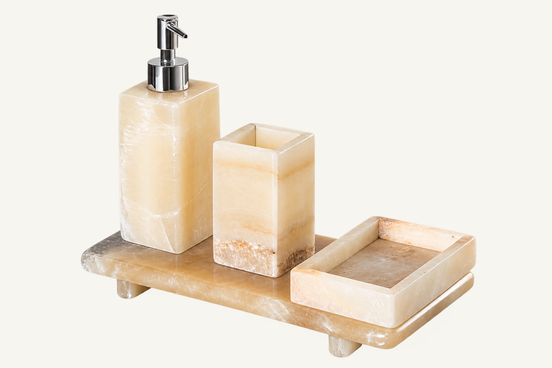 Square Natural Onyx Bathroom Accessories Set, front view