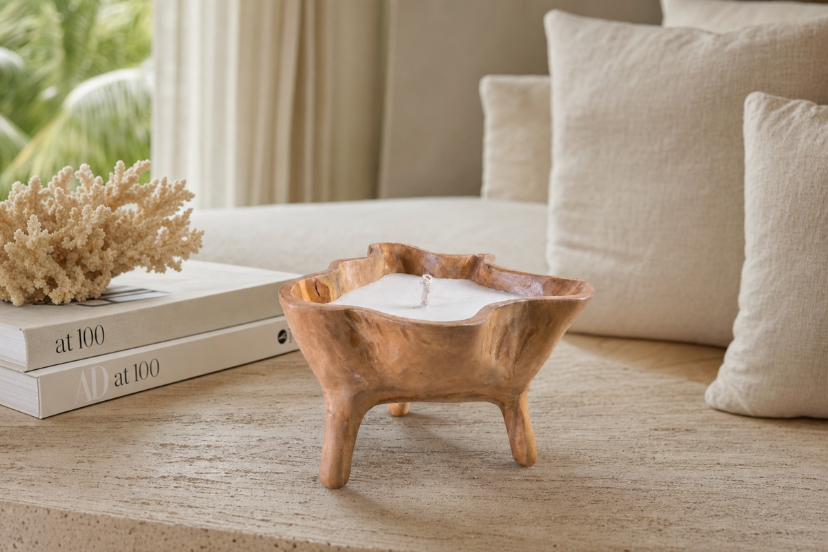 Standing Teak Candle styled in an interior