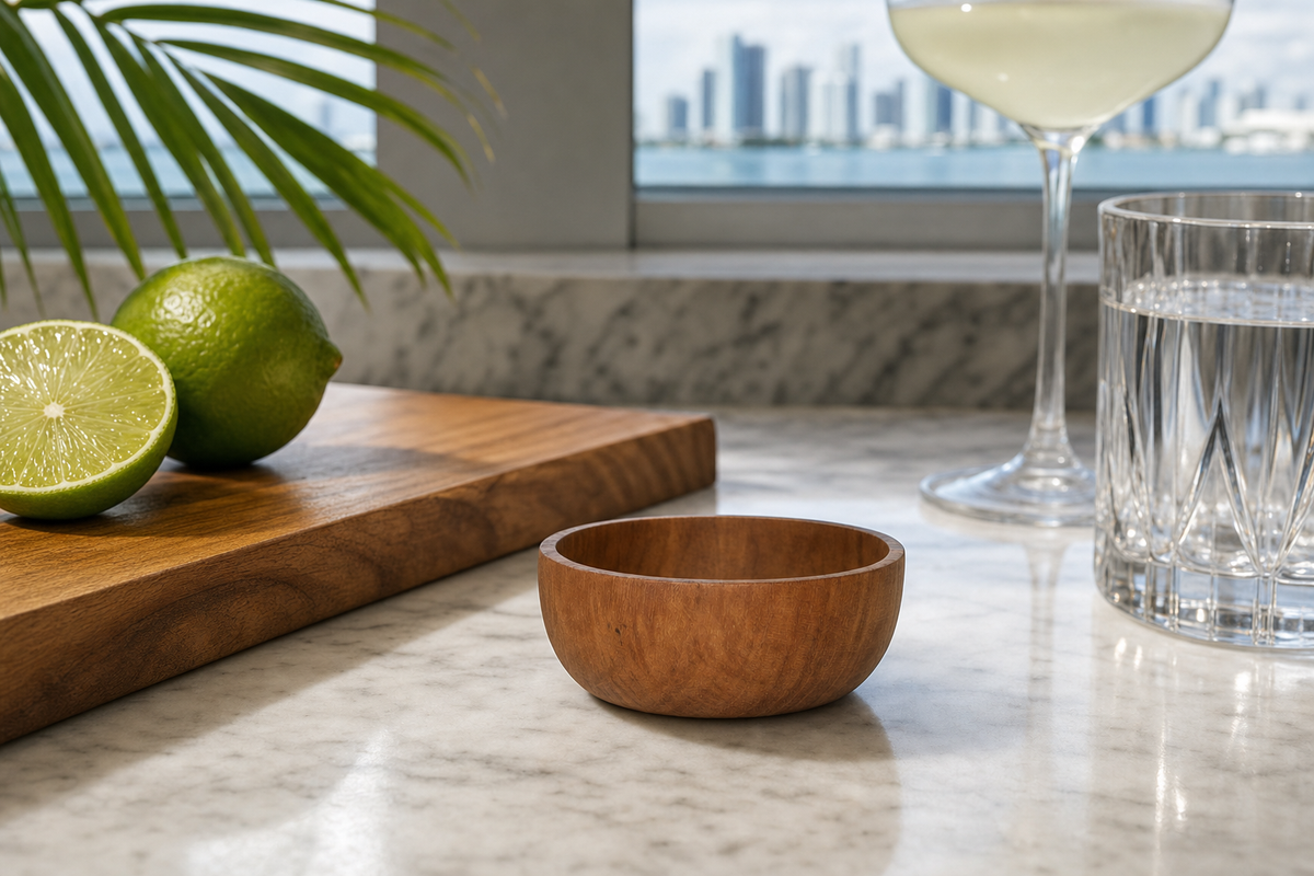 Stonewave Teak Sauce Bowl styled in an interior