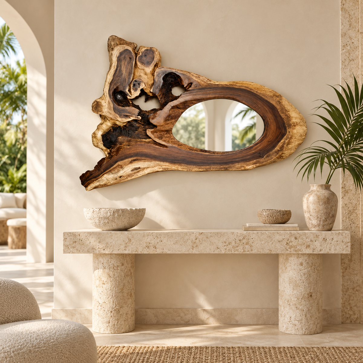 Sculptural Suar Root Mirror styled in a warm neutral interior