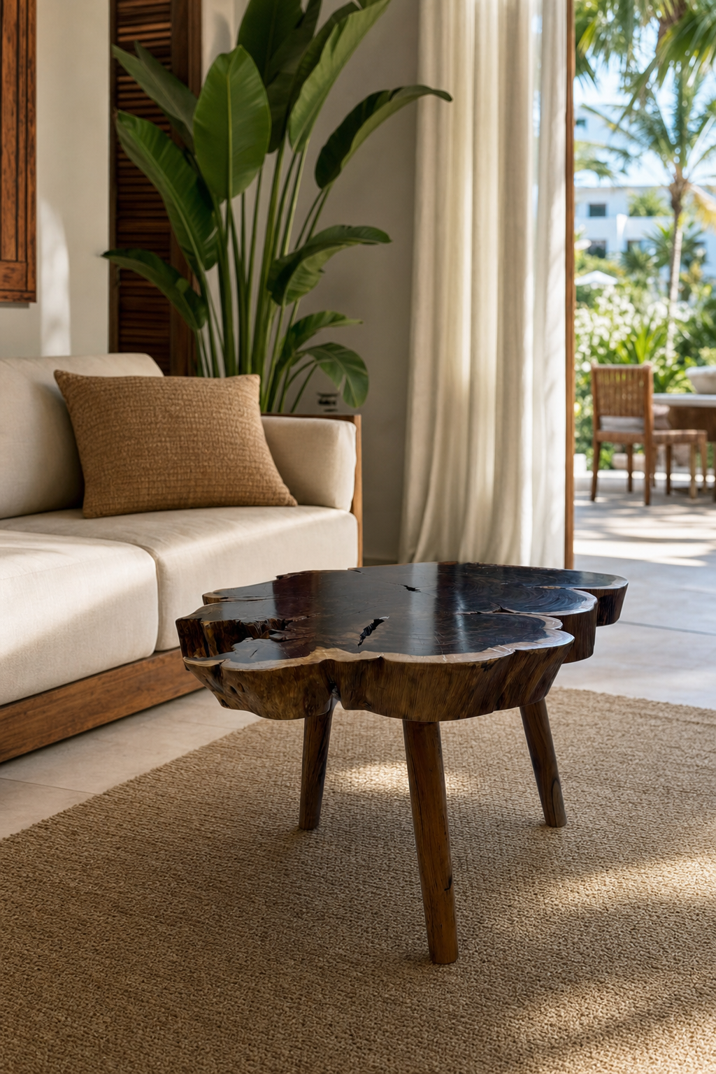 Suar Slab Pencil Leg Coffee Table styled in an interior