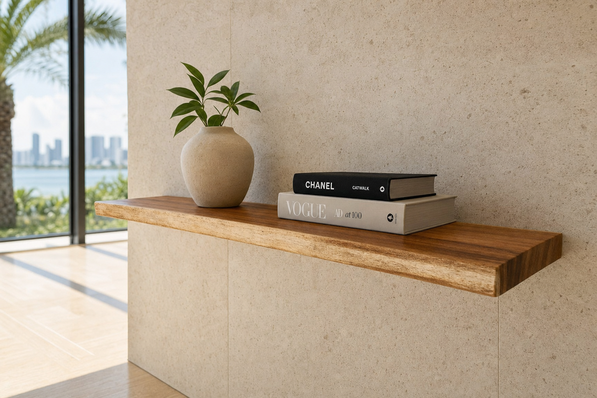 Suar Wood Shelves styled in an interior