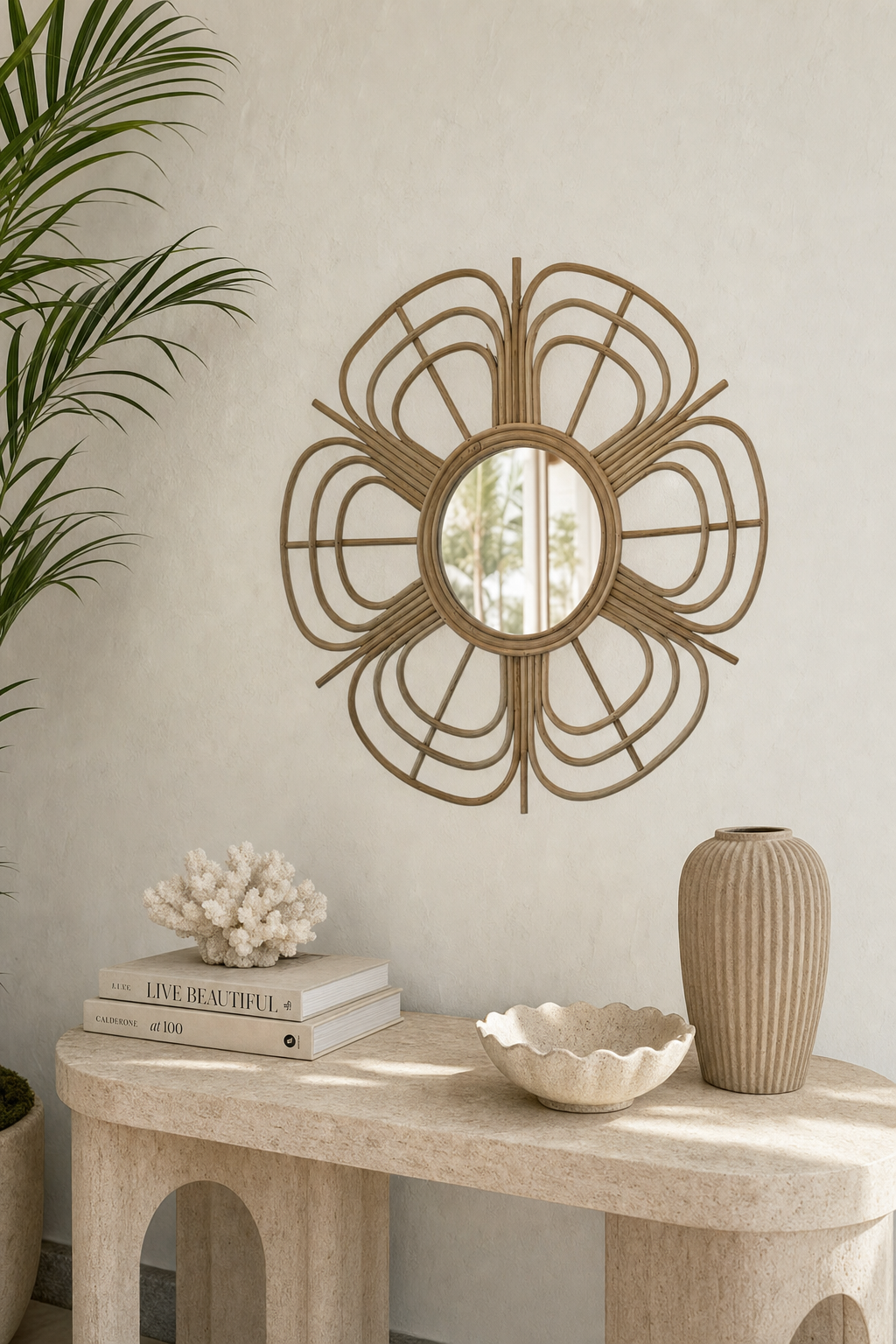 Sunburst Rattan Mirror, styled in a warm neutral interior