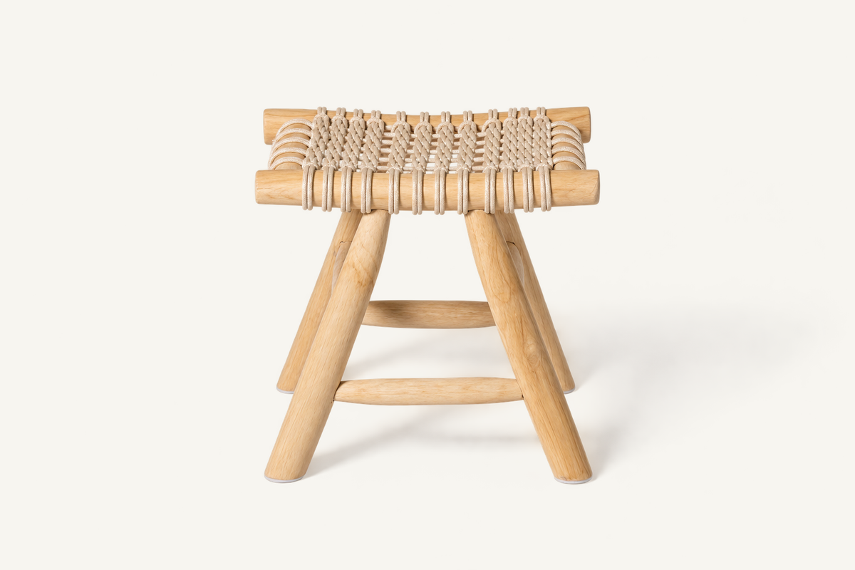 Sunline Woven Stool: front view with woven seat and splayed wood legs