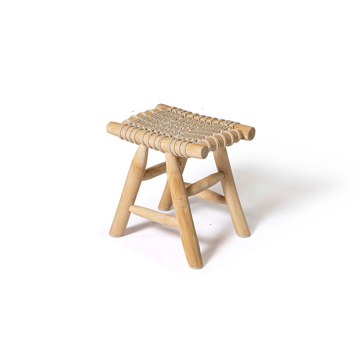 Woven stool, handmade furniture, natural fiber seat, wooden stool, rustic decor, boho style, eco-friendly, artisan made, neutral tones, compact seating, sustainable design, entryway stool, organic modern, traditional craftsmanship, textured accent.
