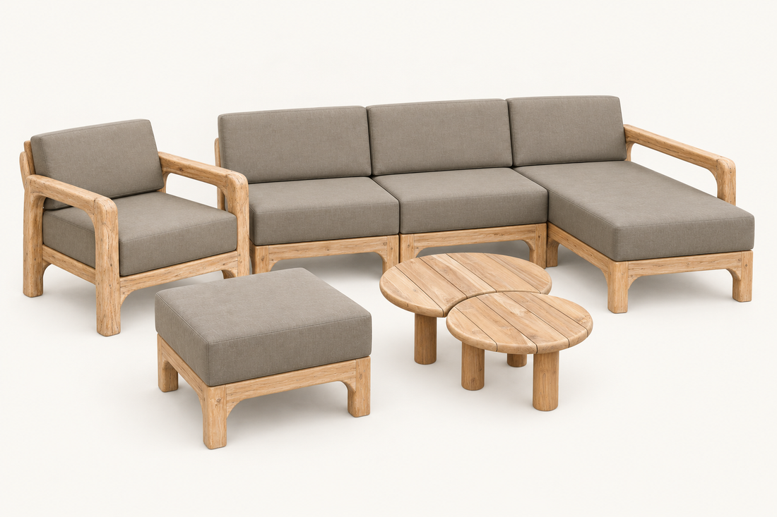 Tagazud Modular Outdoor Sectional complete set with four seating pieces, pouf and two round coffee tables