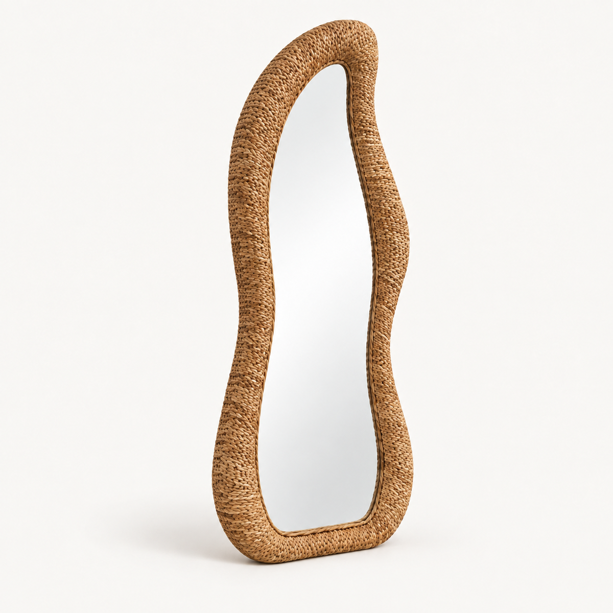 Tall Organic Rattan Floor Mirror, angled view
