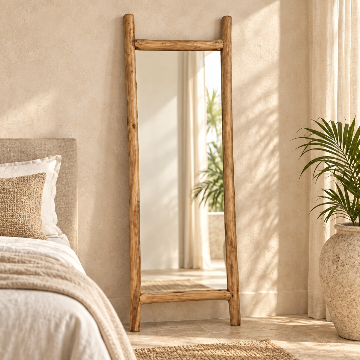 Teak Branch Floor Mirror styled in a warm neutral interior