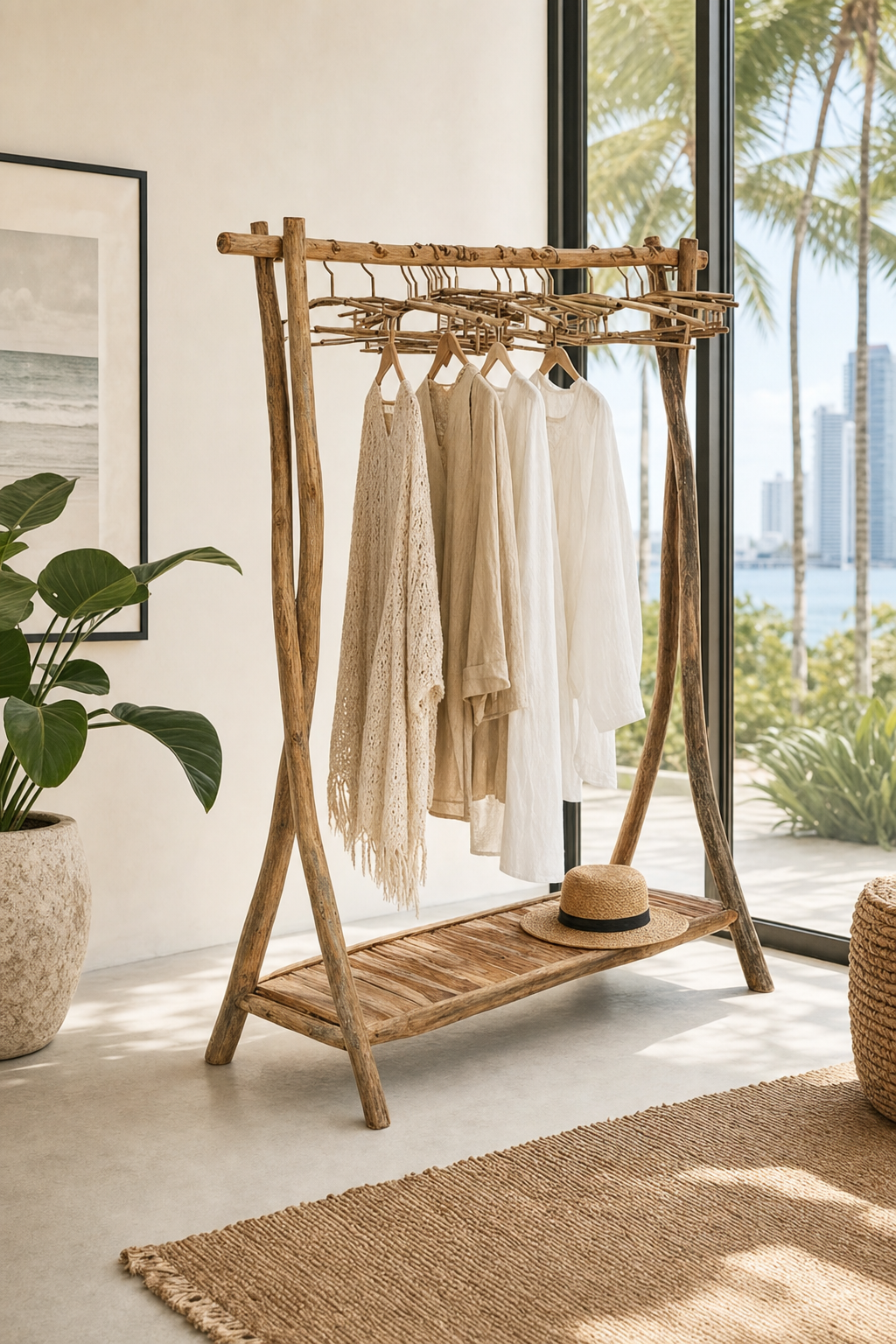 Teak Branch Clothing Rack styled in an interior
