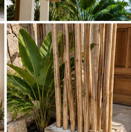 Premium teak branches used as a decorative architectural column in a tropical entryway