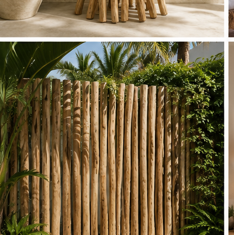 Premium teak branches used as an organic garden fence in a tropical landscape