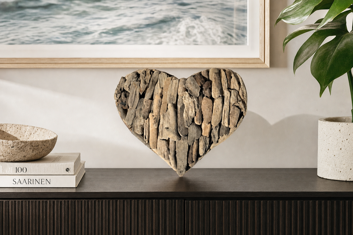 Teak Root Heart Wall Decor styled in an interior