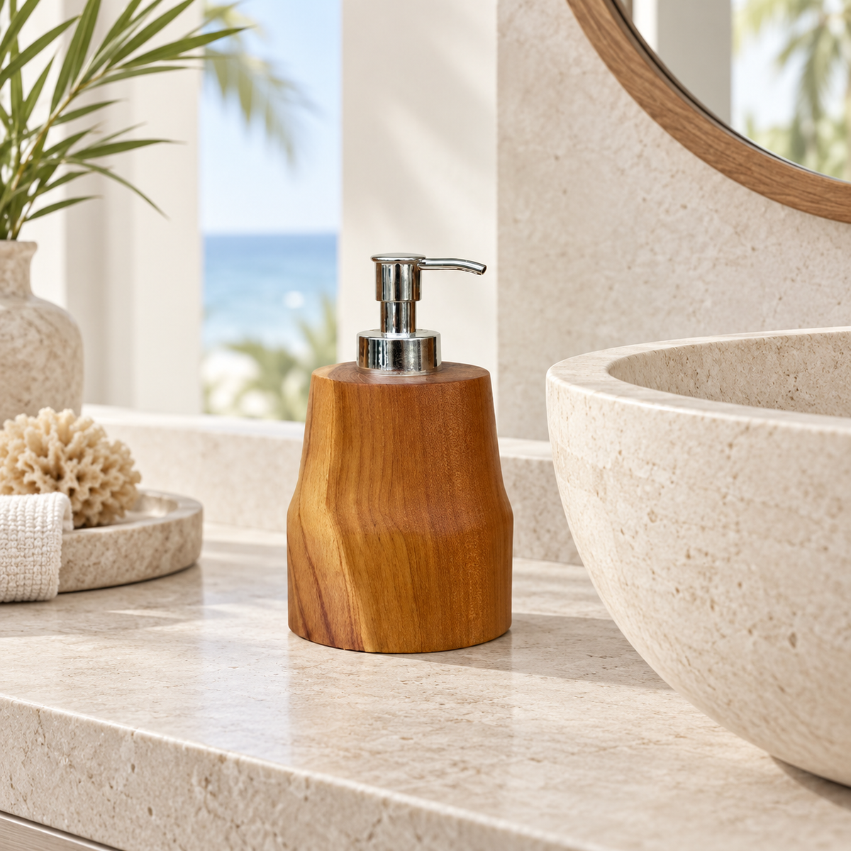 Teak soap pump in a coastal bathroom
