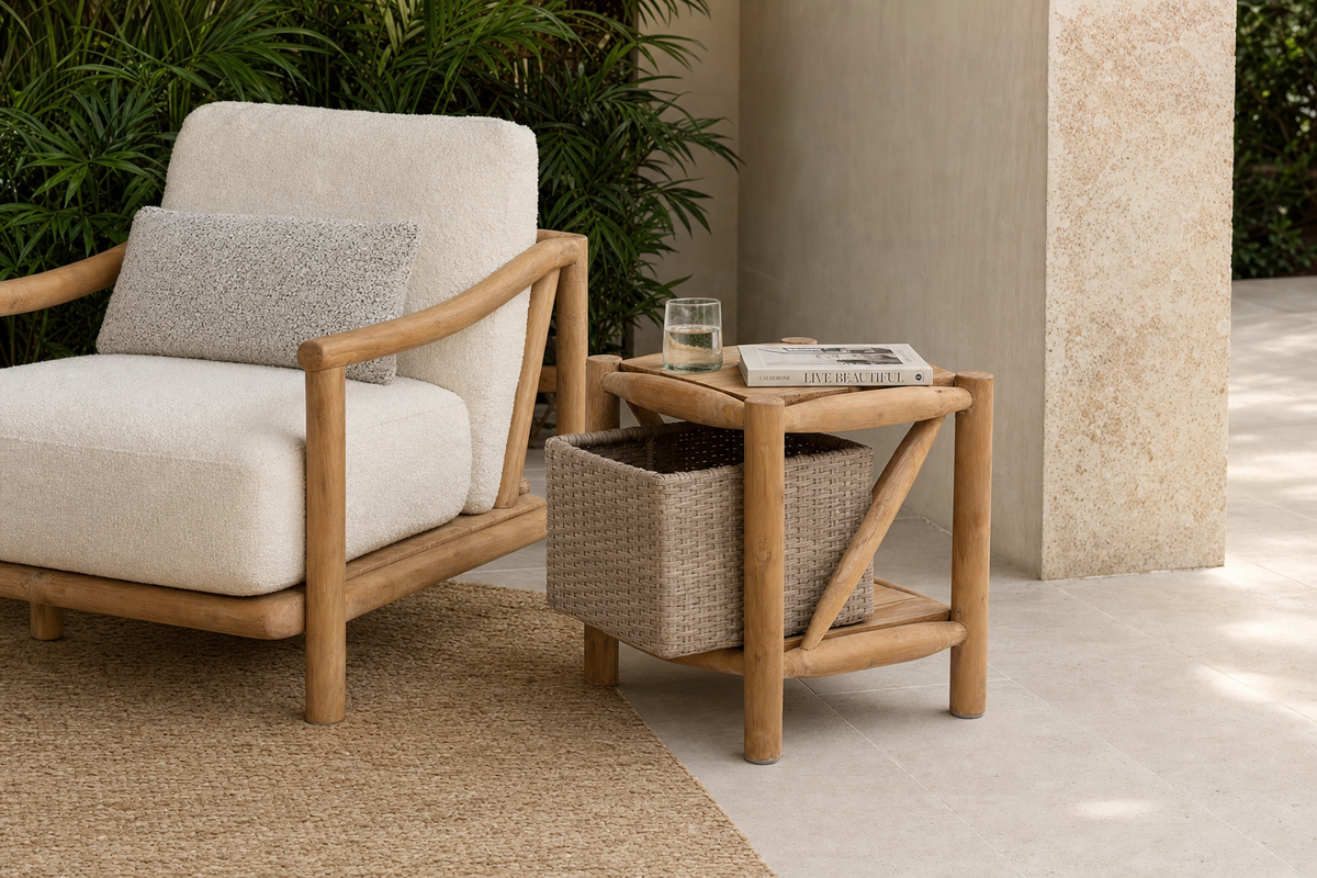 Teak Storage End Side Table styled in an interior