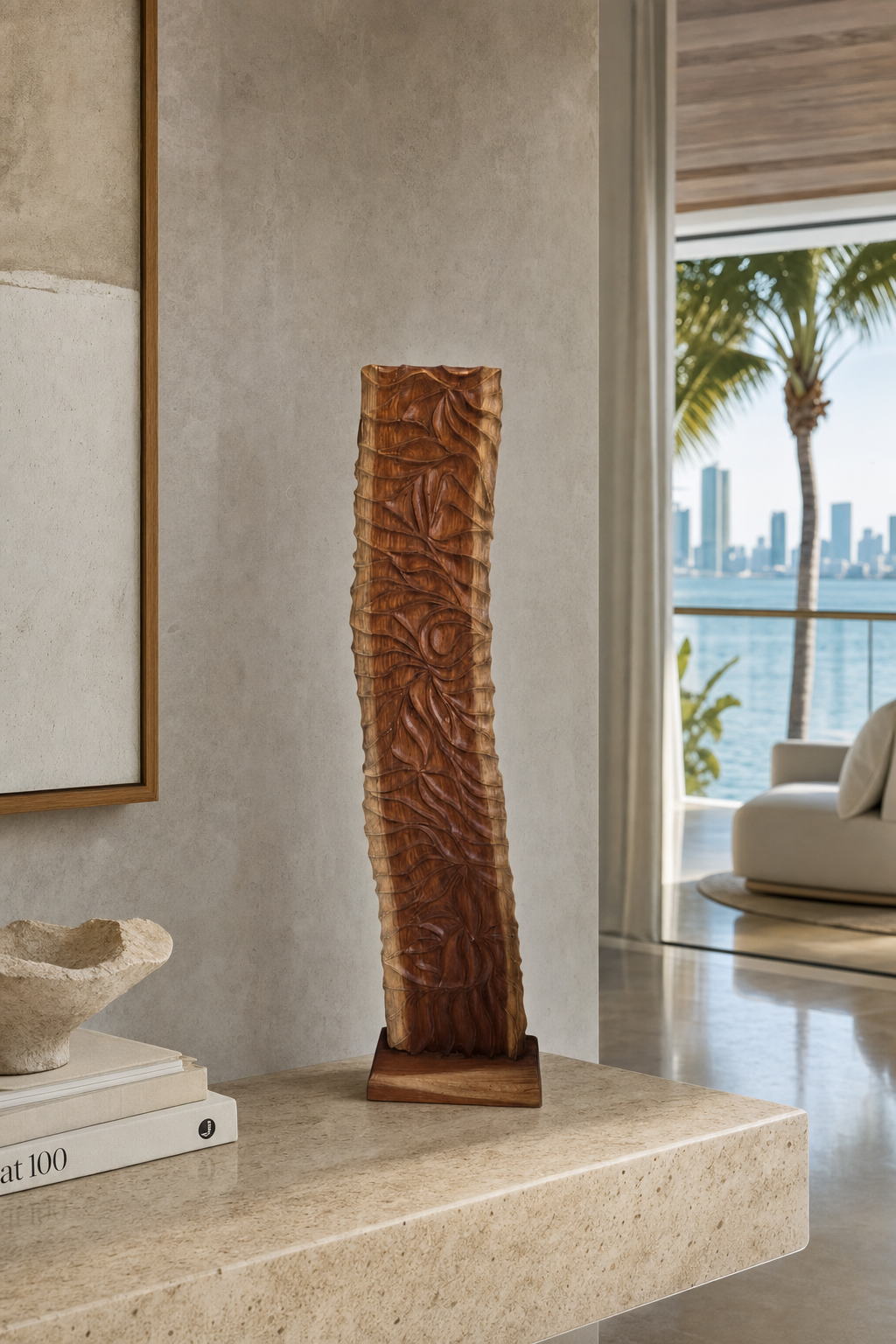 Teak Totem Stand styled in an interior