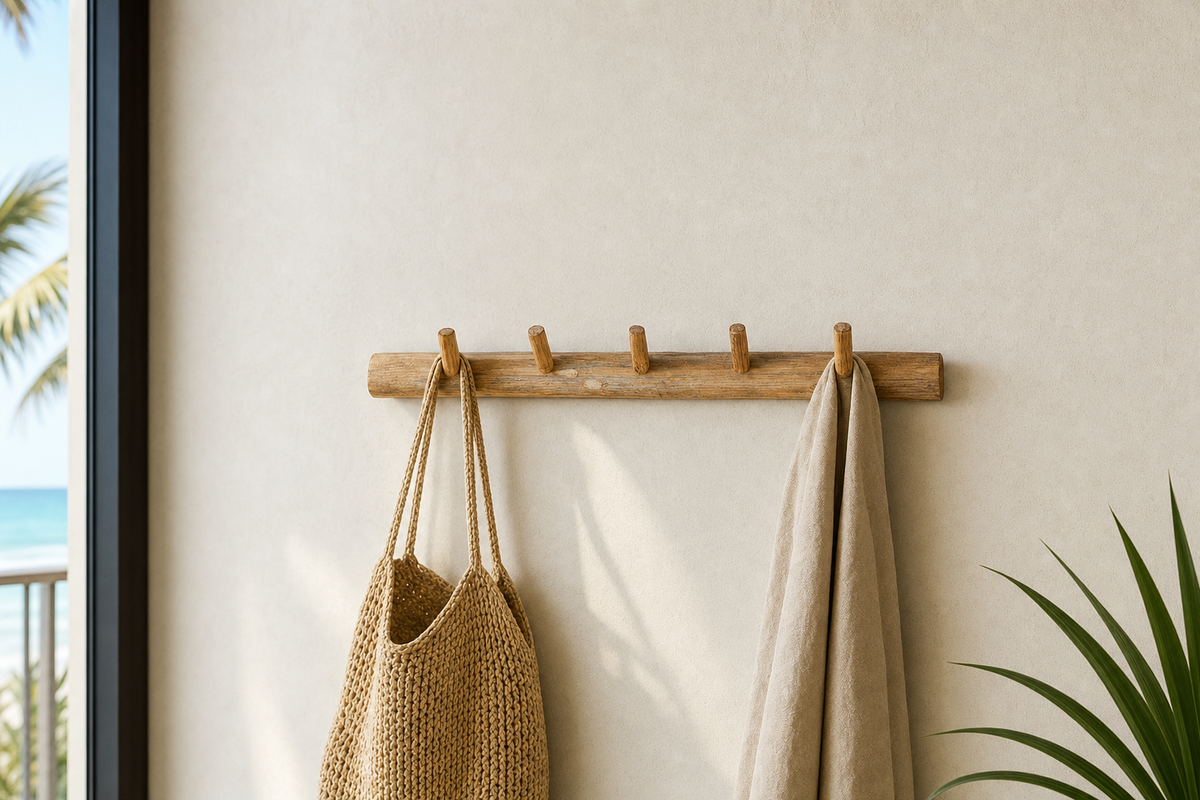 Teak Wall Coat Hooks styled in an interior