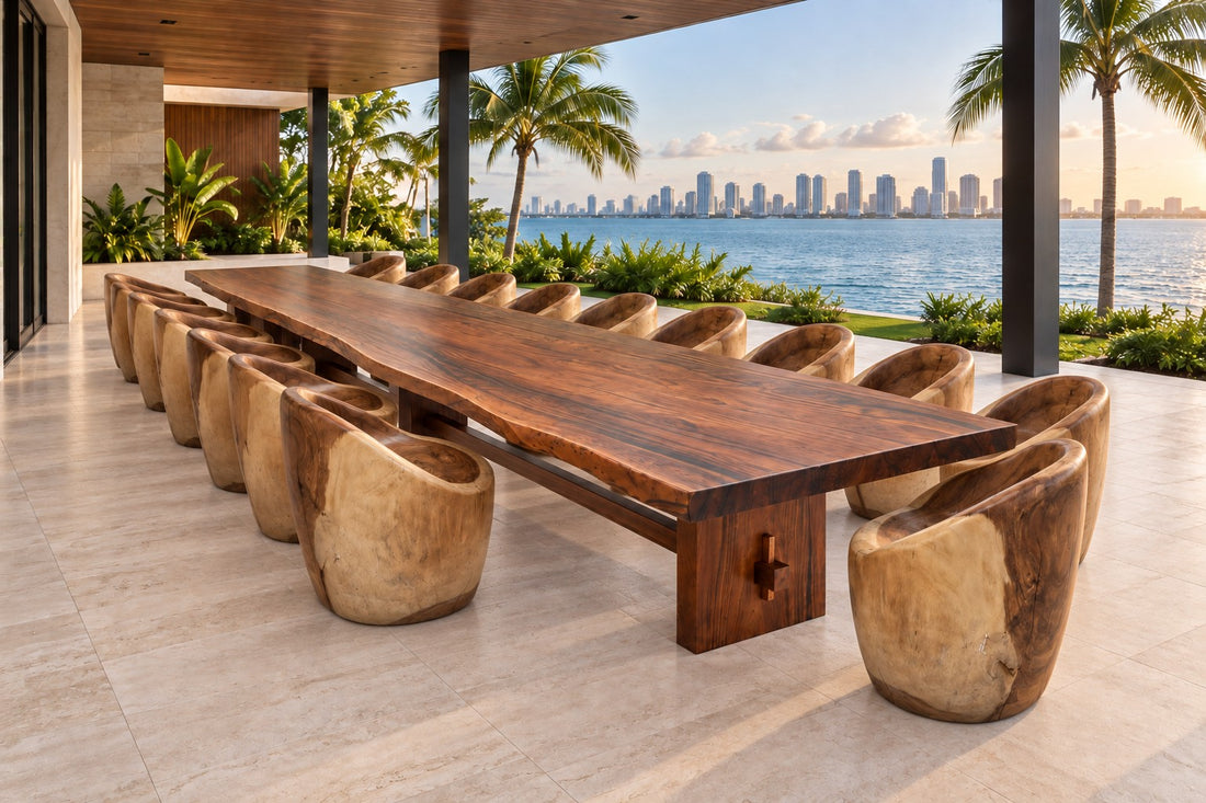 The Monarch Grand Suar Dining Table in a covered waterfront dining setting