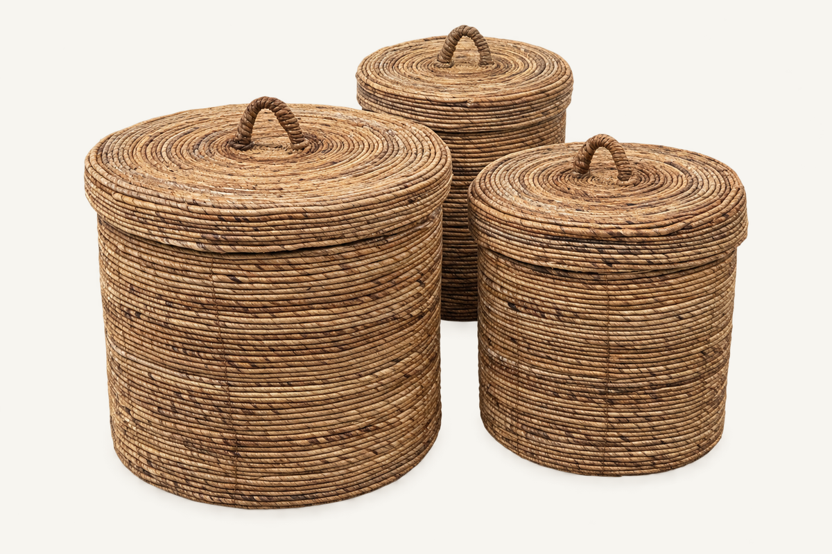 Tierra Trio Baskets: three cylindrical woven baskets with fitted lids