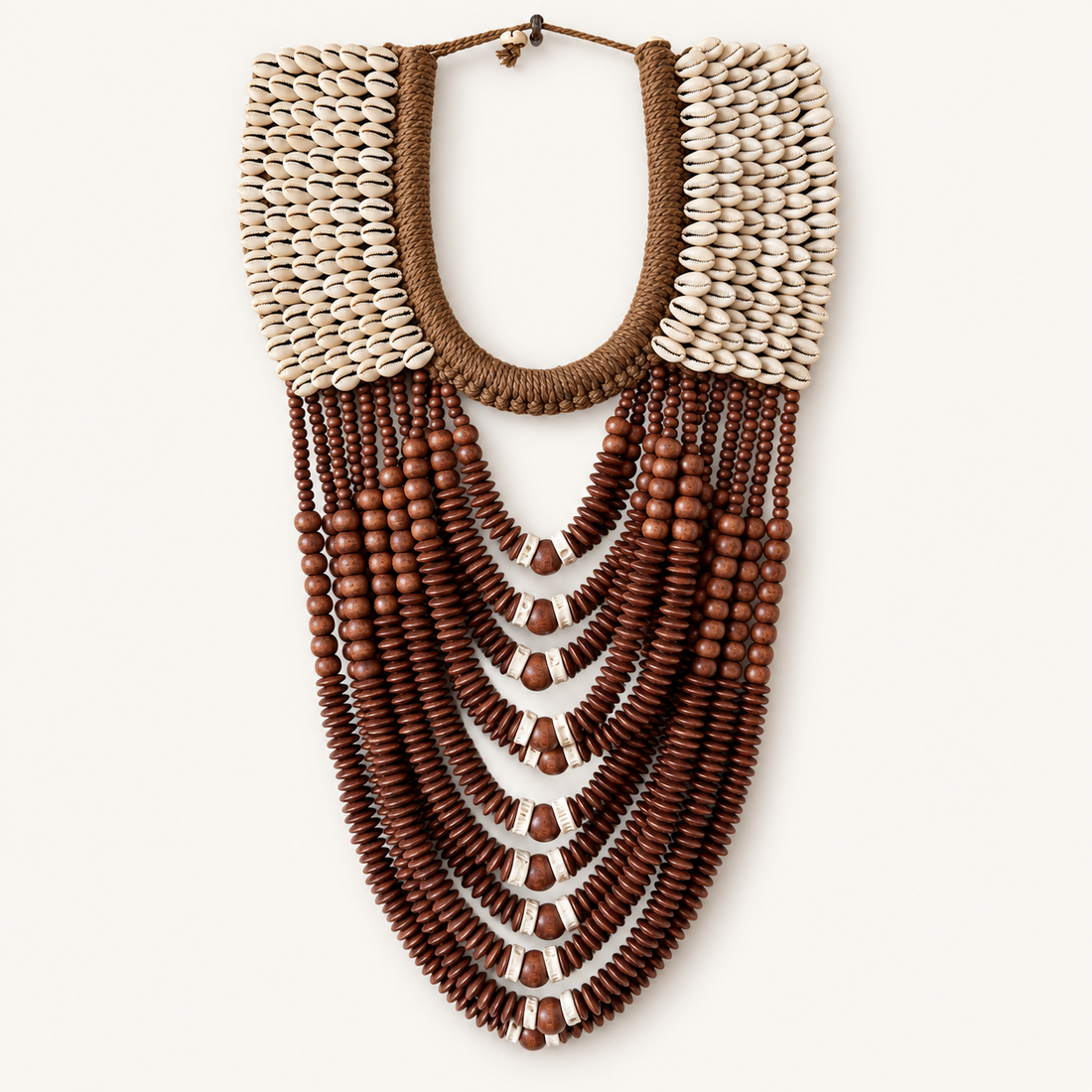 Tribal Bead & Shell decorative shell necklace — Tribal Bead and Shell Necklace on warm cream background