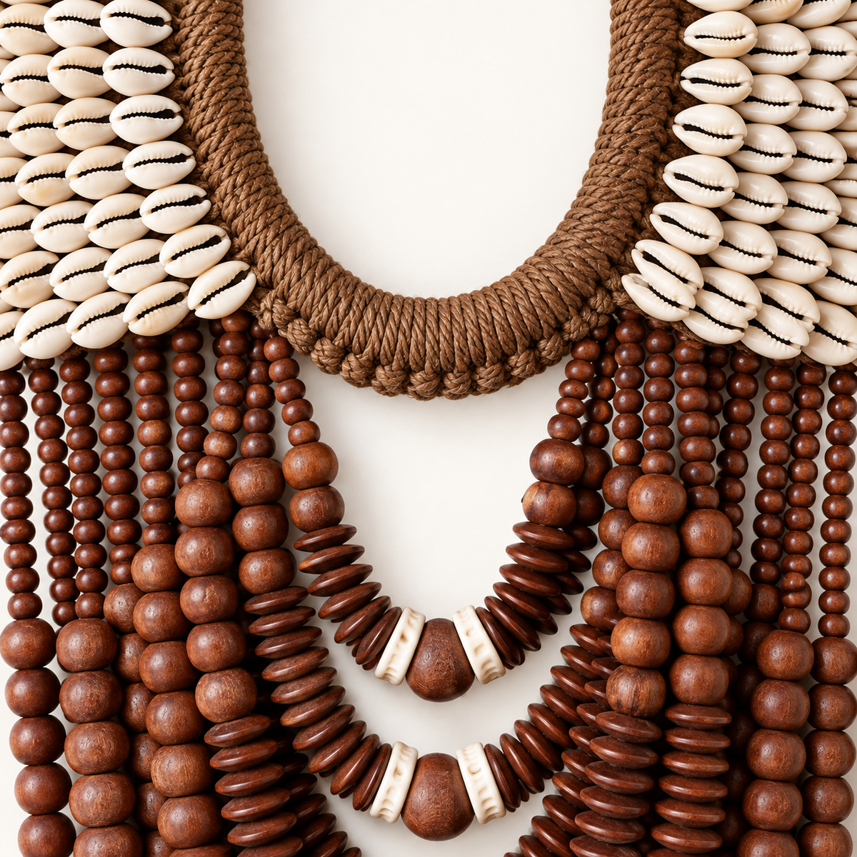 Tribal Bead & Shell decorative shell necklace — Natural cowrie shells, handwoven fiber and brown wooden bead detail
