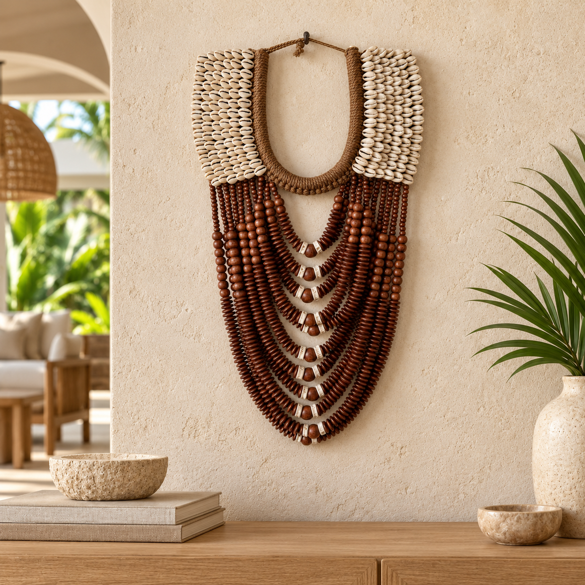 Tribal Bead & Shell decorative shell necklace — Tribal Bead and Shell Necklace displayed on a warm textured wall in a shaded luxury interior
