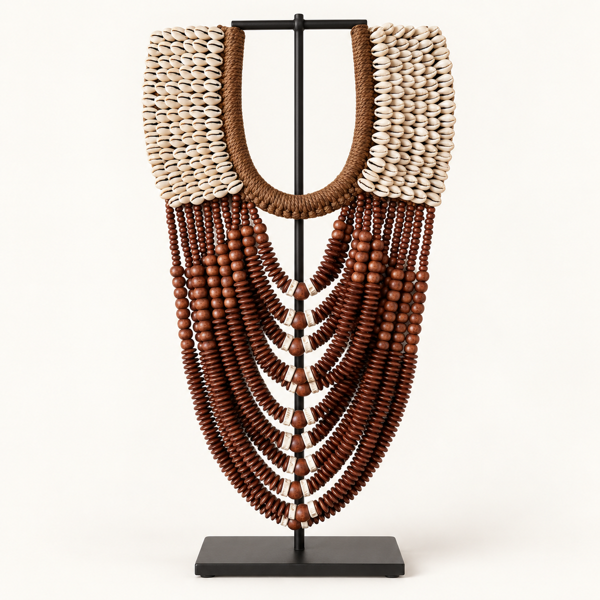 Tribal Bead & Shell decorative shell necklace — Tribal Bead and Shell Necklace displayed on the included black metal tabletop stand