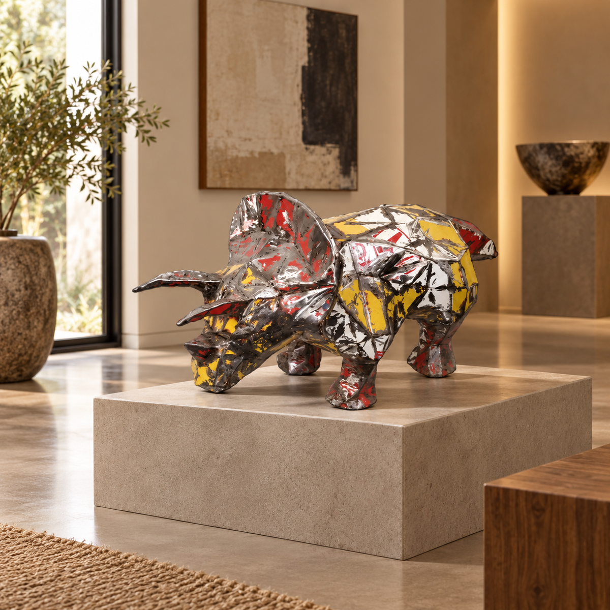 Recycled metal barrel Triceratops sculpture in a gallery interior
