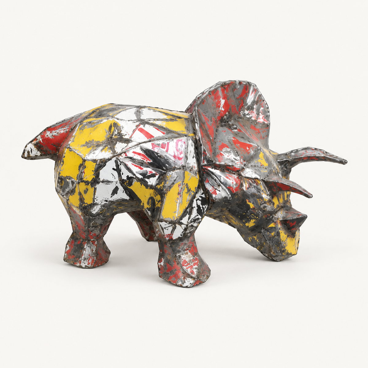 Recycled metal barrel Triceratops sculpture, opposite view