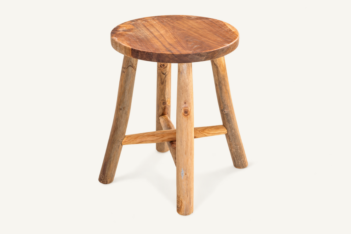 Tulum Teak Stool: round wood seat with short legs and cross braces
