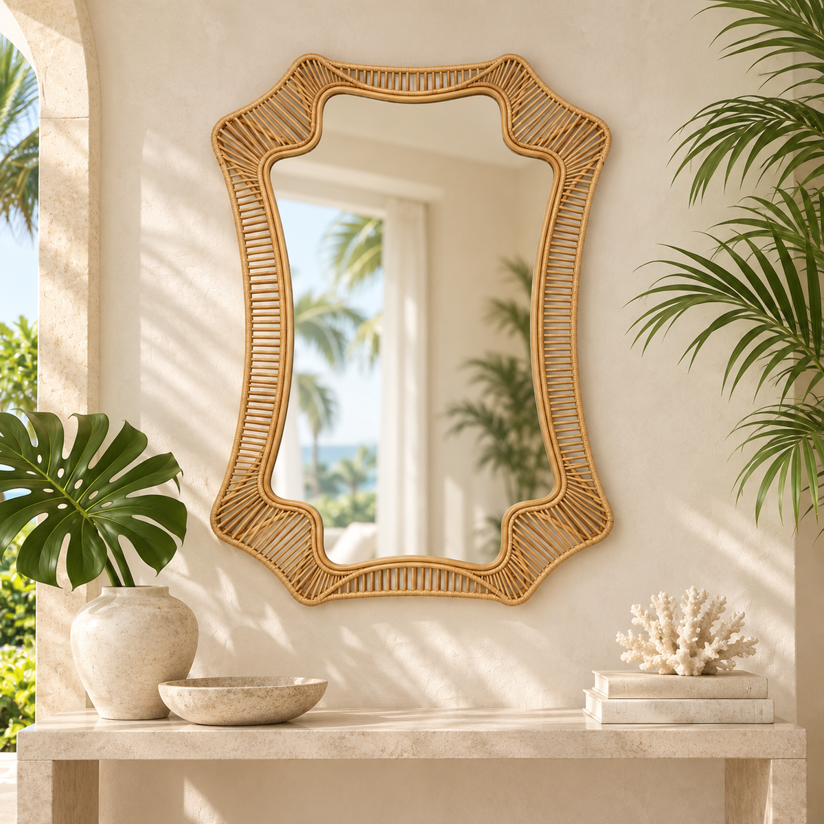 Wavy Rattan Wall Mirror styled in a warm neutral interior