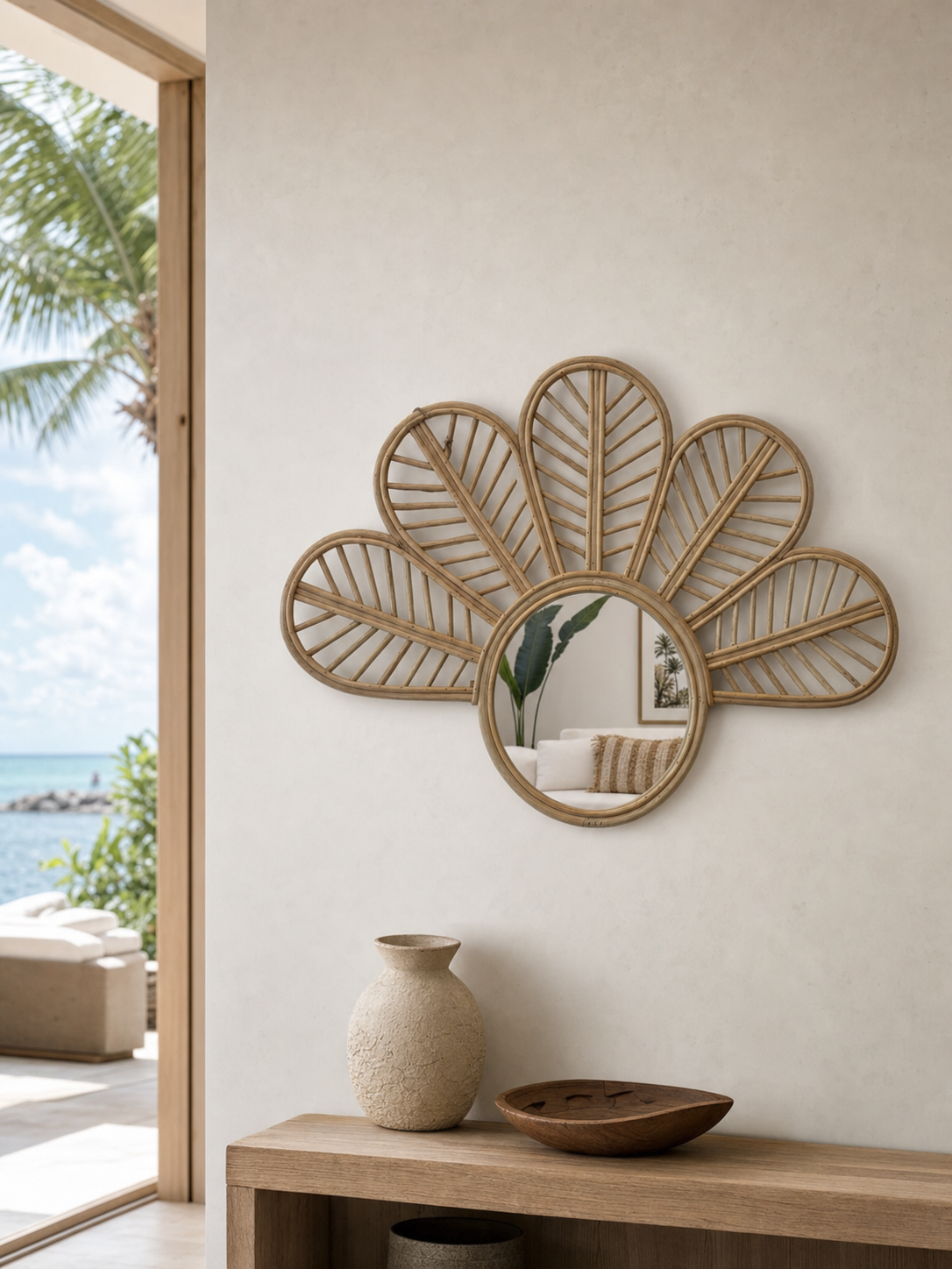 Whimsy Rattan Mirror, styled in a warm neutral interior