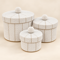 White handwoven beaded basket set, detail catalog view