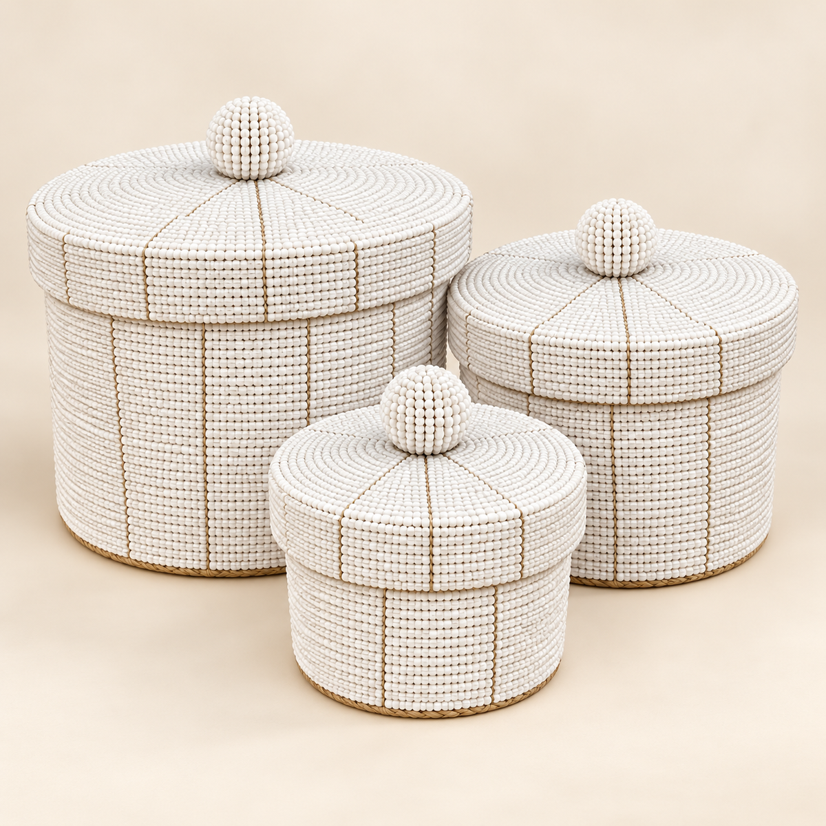 White handwoven beaded basket set, detail catalog view