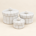 White handwoven beaded basket set, front catalog view