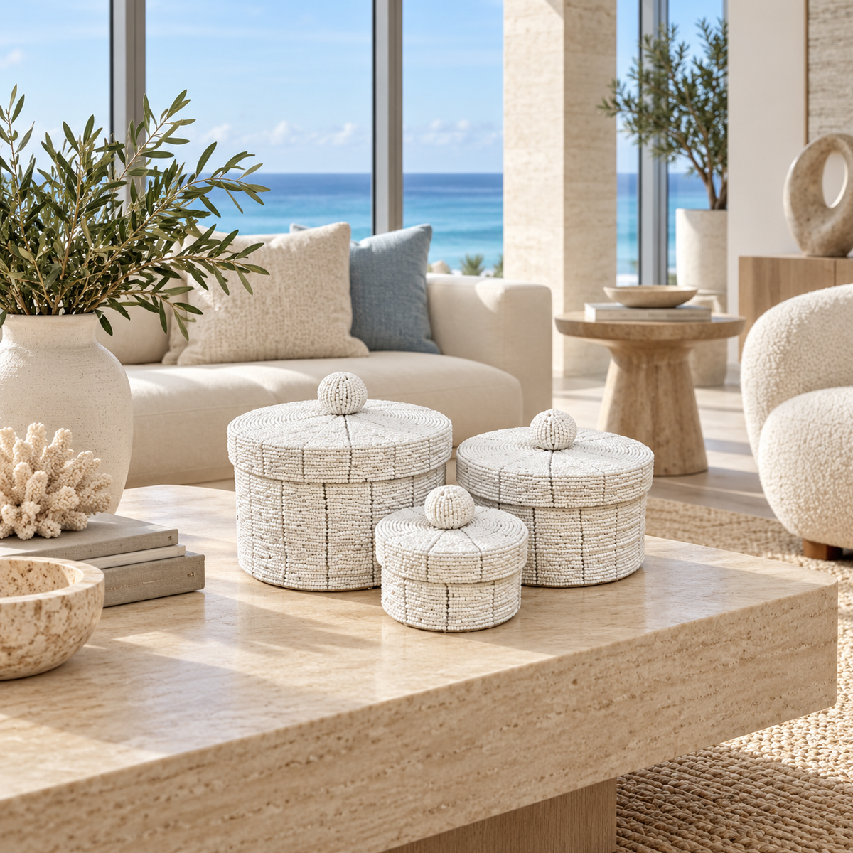 White handwoven beaded basket set in a luxury Miami oceanfront living room