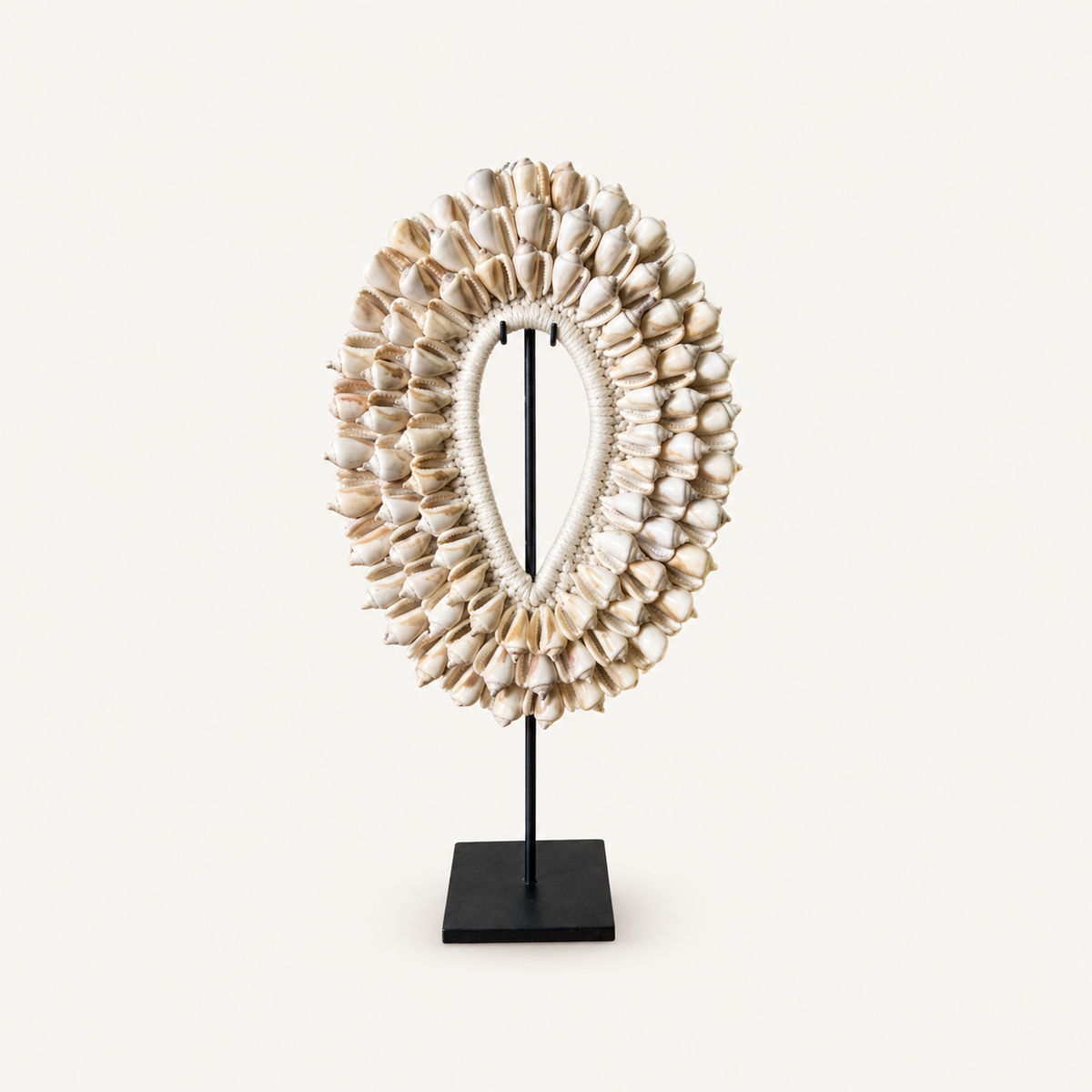 White Cowrie Shell Ring Necklace on Metal Stand, front catalog view
