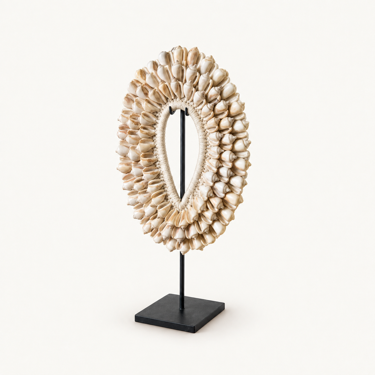 White Cowrie Shell Ring Necklace on Metal Stand, alternate catalog view