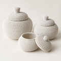 White hand-beaded lidded basket set — beadwork and lid detail